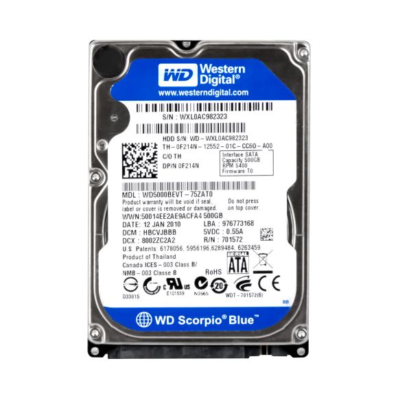 DELL 0F214N 500GB 5.4K 8MB SATA II 2.5'' WD5000BEVT