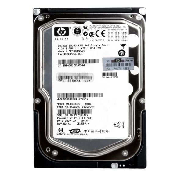 HP 392254-001 36.4GB 15K 16MB SAS-1 3.5'' DF036A9843