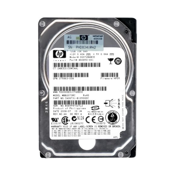 HP DG072BABCE 72GB 460850-001 2.5" SFF 3G SAS 10K