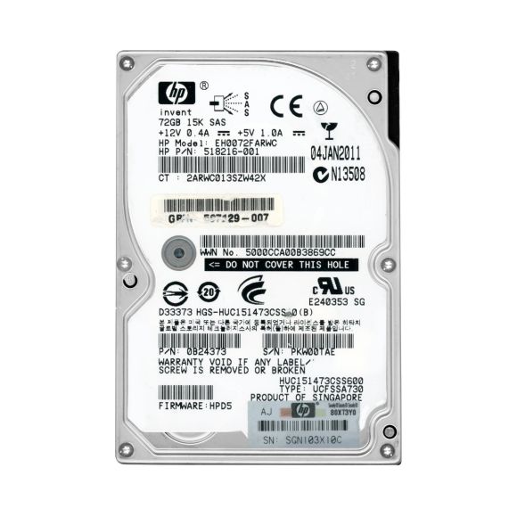 HP EH0072FARWC 72GB SFF 6G 518216-001 SAS 15K