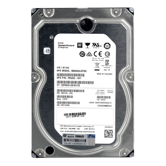 HP 765252-001 4TB 7.2K 128MB SAS-3 3.5'' MB4000JEFNC