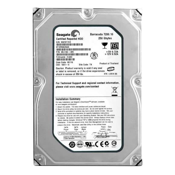 SEAGATE BARRACUDA 7200.10 250GB SATA II 7.2K 16MB 3.5'' ST3250620AS