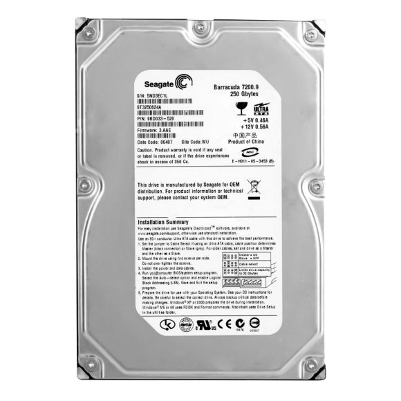 SEAGATE BARRACUDA 7200.9 250GB 7.2K 8MB ATA 3.5'' ST3250824A