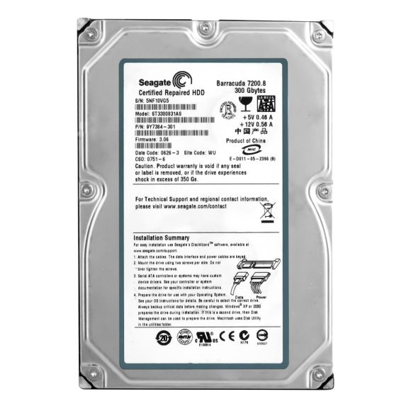 SEAGATE BARRACUDA 7200.8 300GB SATA I 7.2K 8MB 3.5'' ST3300831AS