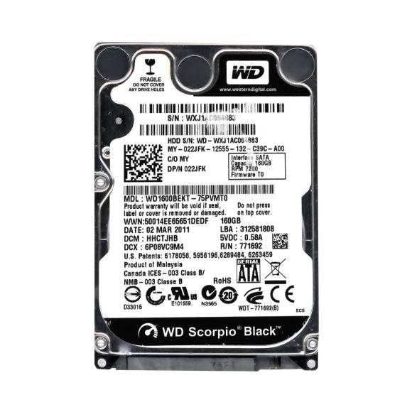 DELL 022JFK 160GB 7.2K 16MB SATA II 2.5'' WD1600BEKT