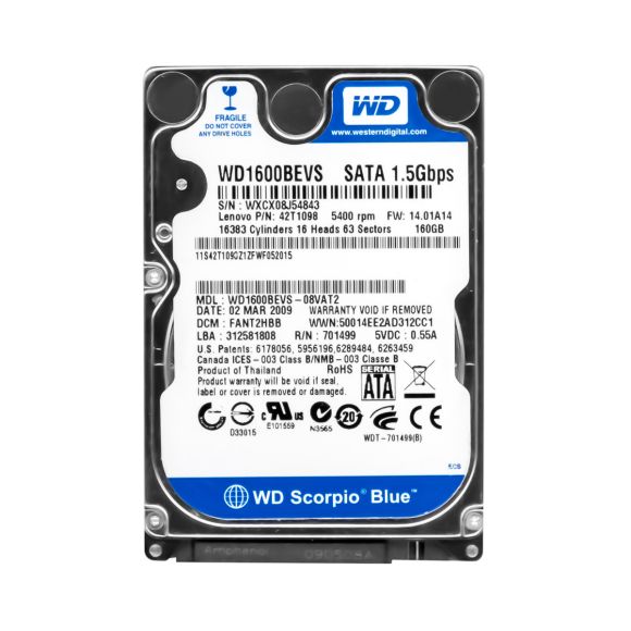 WD SCORPIO BLUE 160GB 5.4k 8MB SATA 2.5'' WD1600BEVS