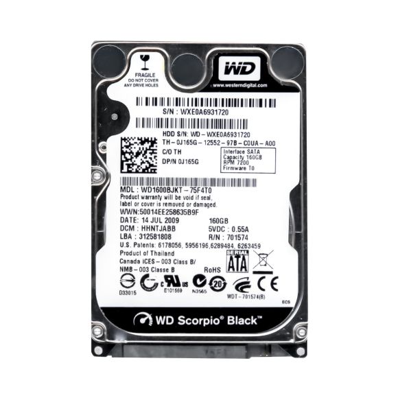 DELL 0J165G 160GB 7.2K 16MB SATA II 2.5'' WD1600BJKT