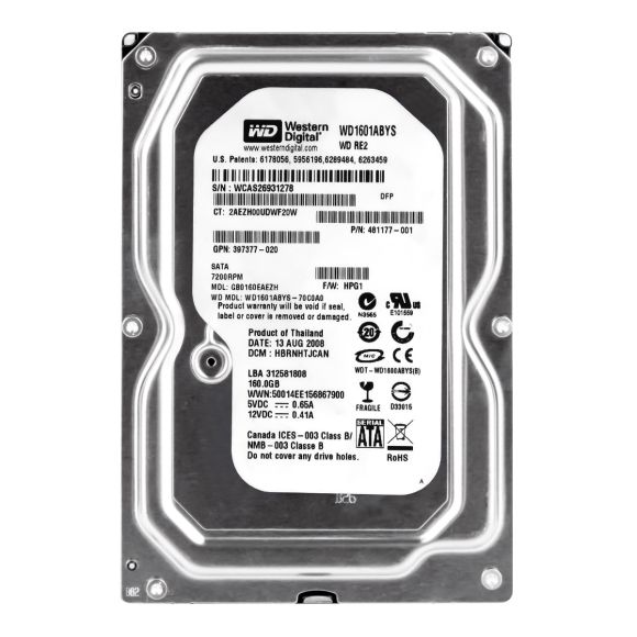 HP 483095-001 HDD 160GB SATAII 7.2K 481177-001 WD1601ABYS