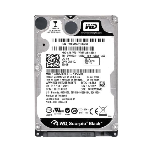 DELL 0W94DJ 250GB 7.2K 16MB SATA II 2.5'' WD2500BEKT