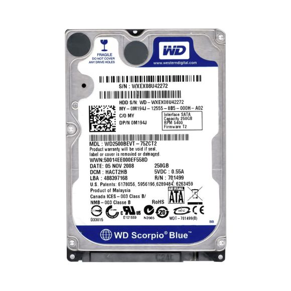 DELL 0M194J 250GB 5.4K 8MB SATA II 2.5'' WD2500BEVT