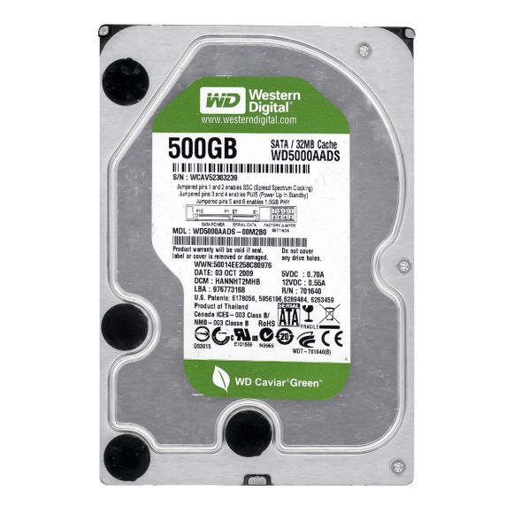 WD CAVIAR GREEN 500GB 7.2K 32MB SATA II 3.5'' WD5000AADS