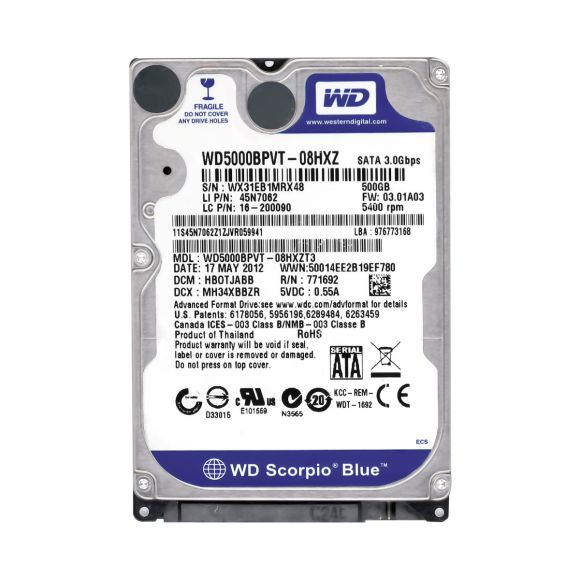 WD SCORPIO BLUE 500GB 5.4k 8MB SATA II 2.5'' WD5000BPVT-08HXZ