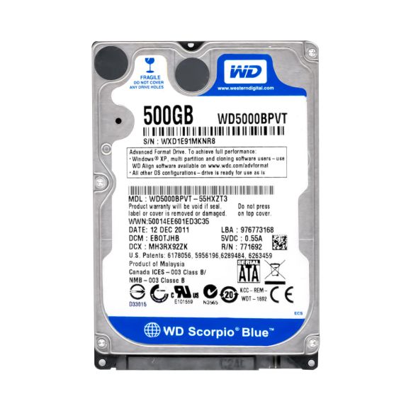 WD SCORPIO BLUE 500GB SATA II 5.4K 8MB 2.5'' WD5000BPVT